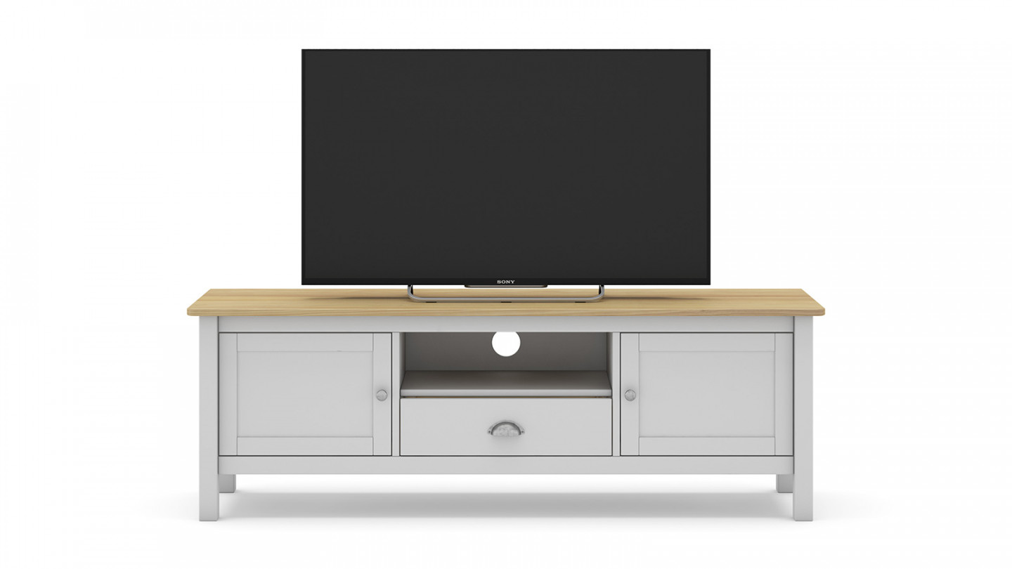 Meuble TV 2 portes 1 tiroir en pin massif blanc / effet chêne 158 cm - Macha