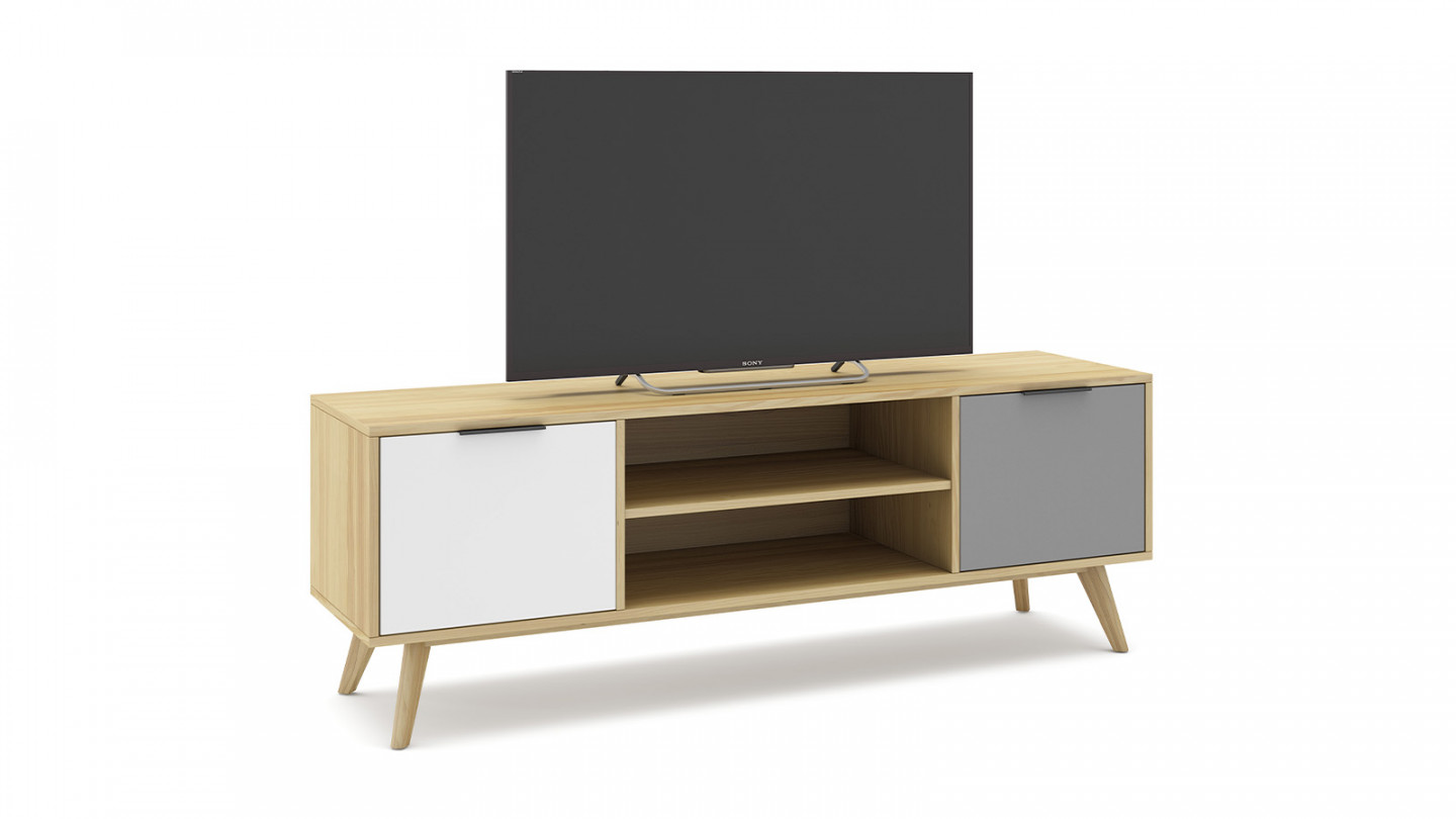 Meuble TV 2 portes 2 niches en pin massif blanc / gris / effet chêne 140 cm - Eddy