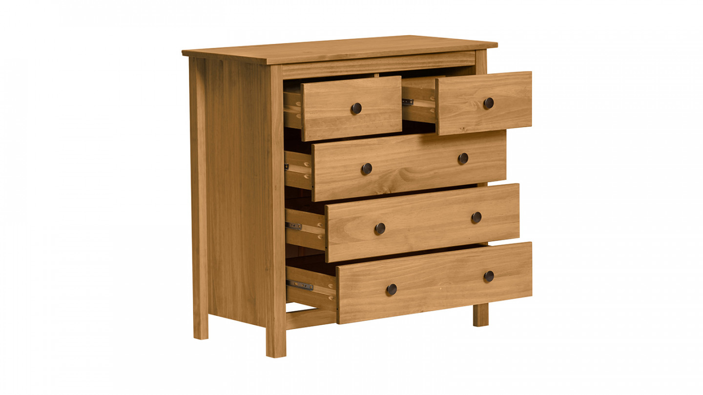 Commode 5 tiroirs en pin massif couleur bois naturel 79 cm - Elton