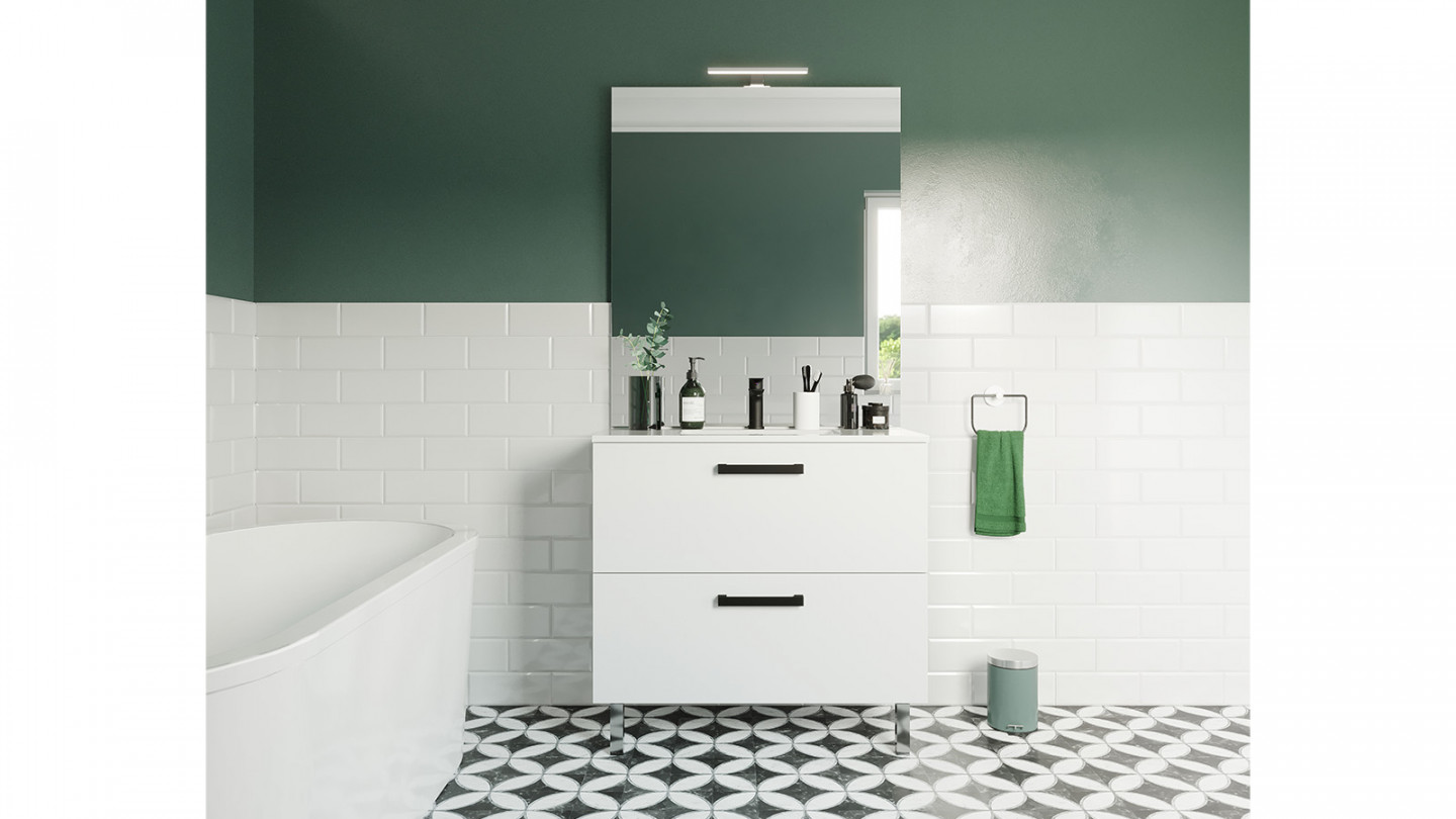 Meuble de salle de bain suspendu avec pieds vasque intégrée 90cm 2 tiroirs Blanc - Chango