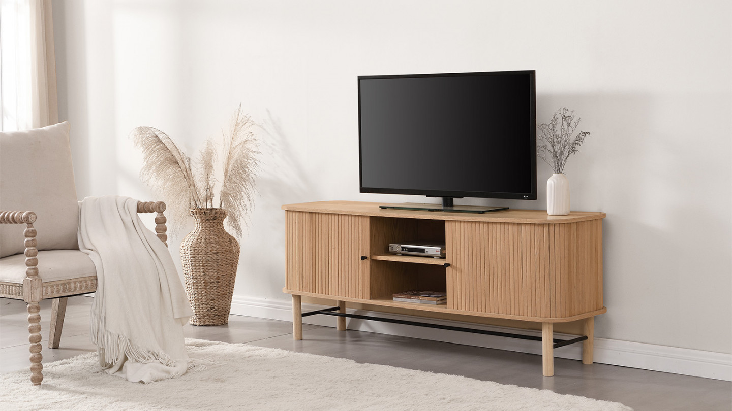 Meuble TV à portes coulissantes placage chêne 150 cm - Lino