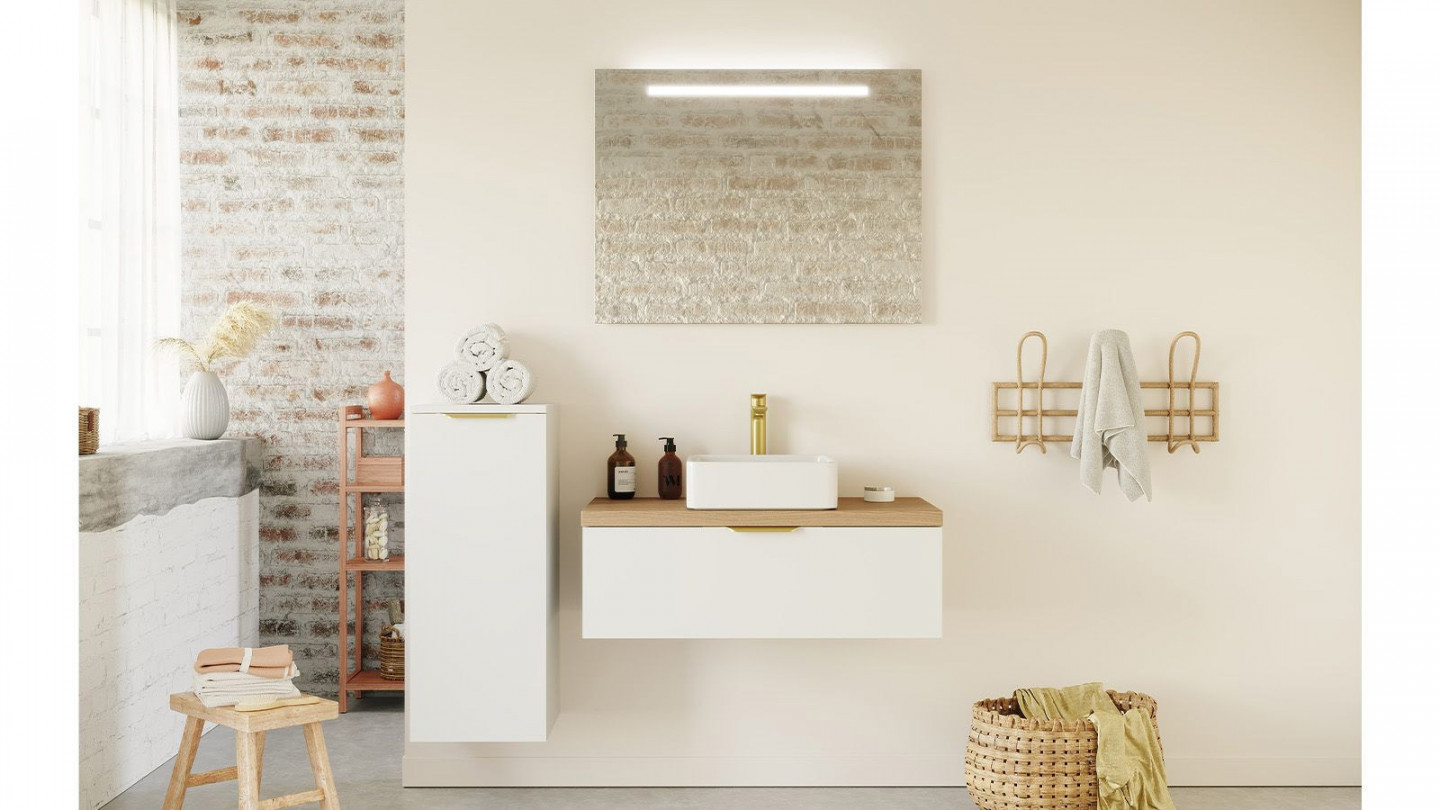 Meuble de salle de bain suspendu vasque à poser 90cm 1 tiroir Blanc + miroir + colonne ouverture gauche - Venice