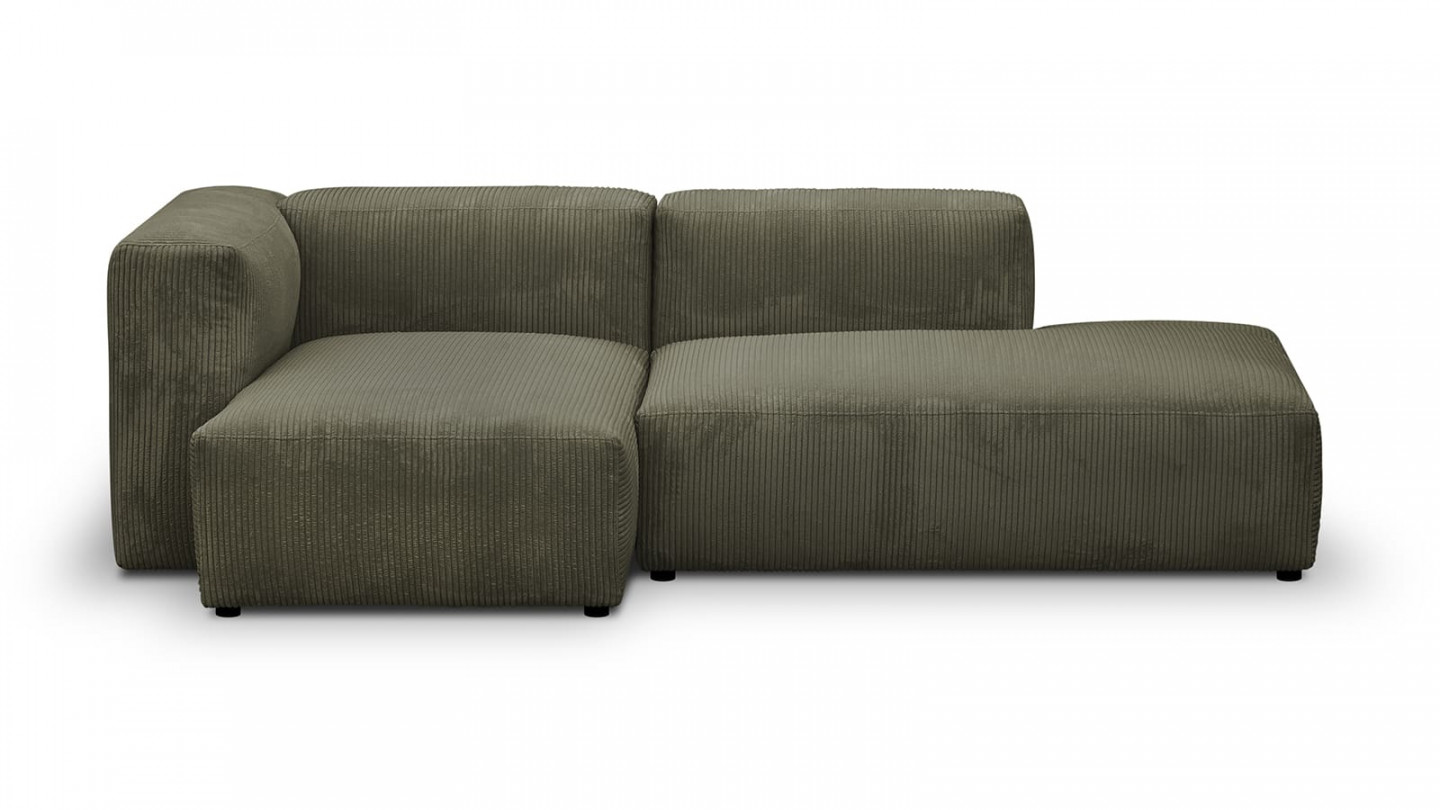 Canapé d'angle à gauche modulable avec méridienne 3/4 places en velours côtelé vert kaki - Modulo