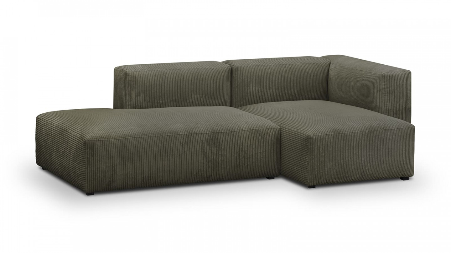 Canapé d'angle à droite modulable avec méridienne 3/4 places en velours côtelé vert kaki - Modulo