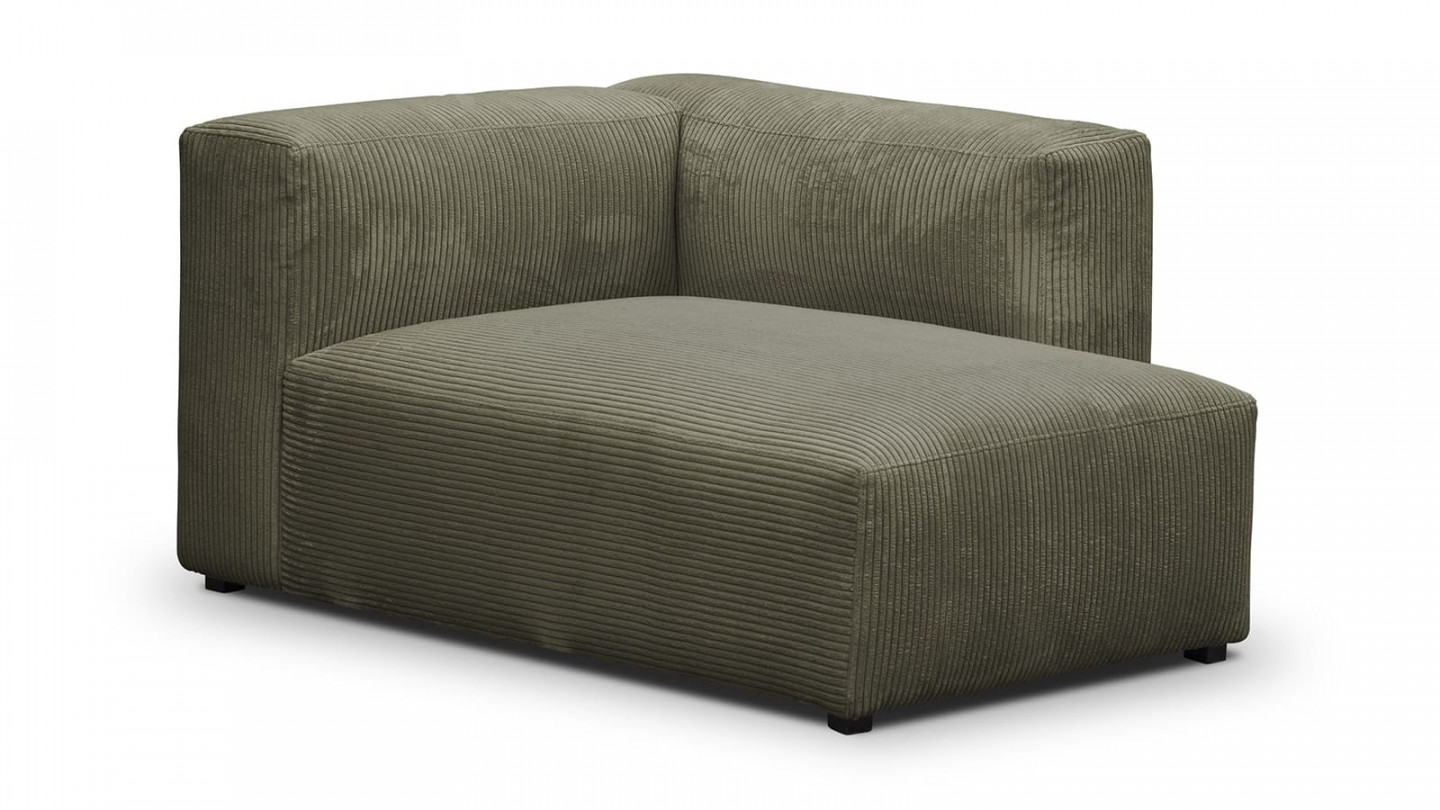 Canapé d'angle à droite modulable avec méridienne 3/4 places en velours côtelé vert kaki - Modulo