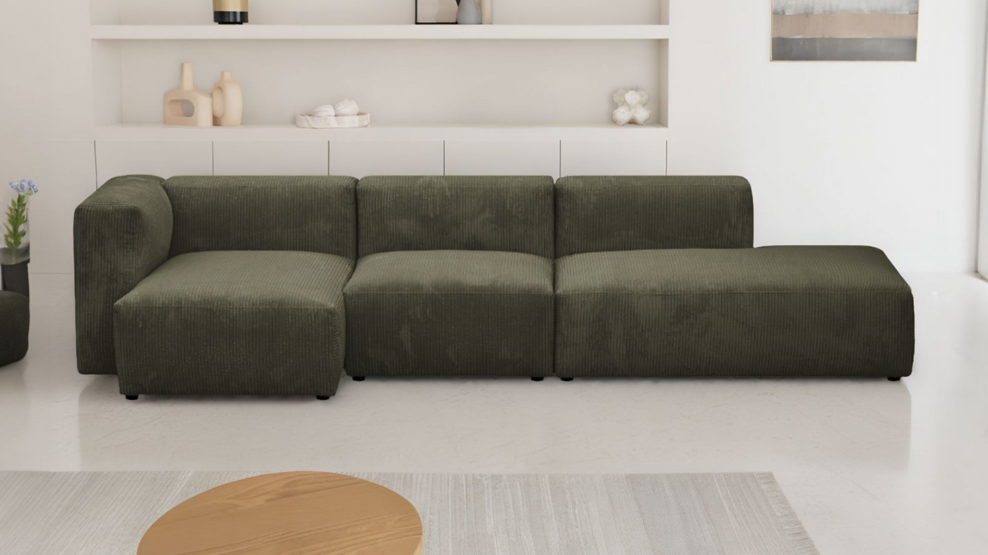 Canapé d'angle à gauche modulable avec méridienne 5 places en velours côtelé vert kaki - Modulo