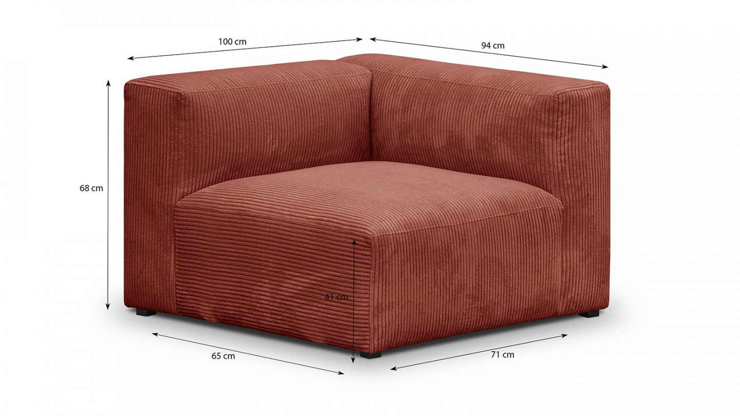 Canapé d'angle à droite modulable avec méridienne 4 places en velours côtelé rouille - Modulo New