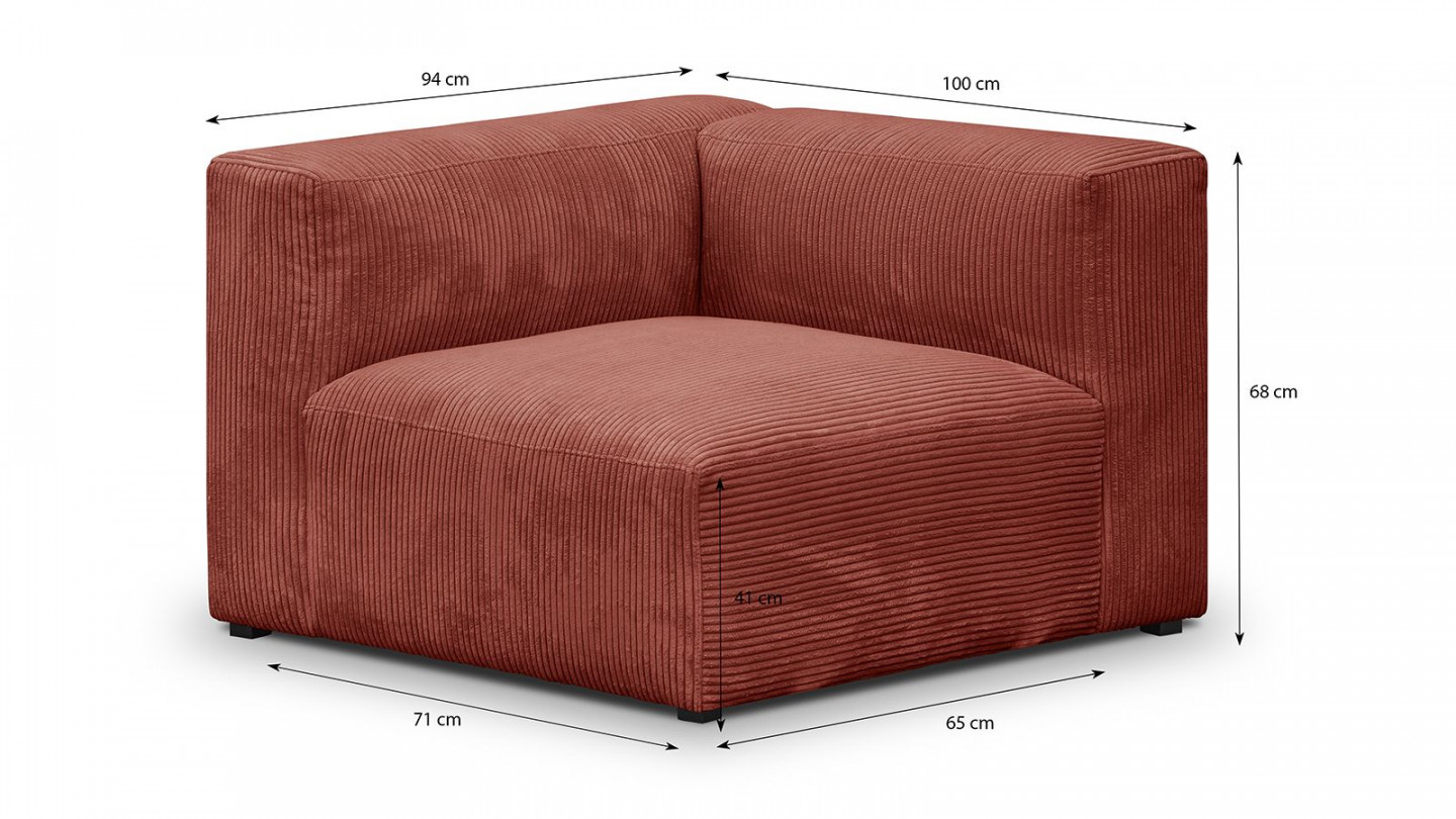 Canapé d'angle à gauche modulable avec méridienne 4 places en velours côtelé rouille - Modulo New