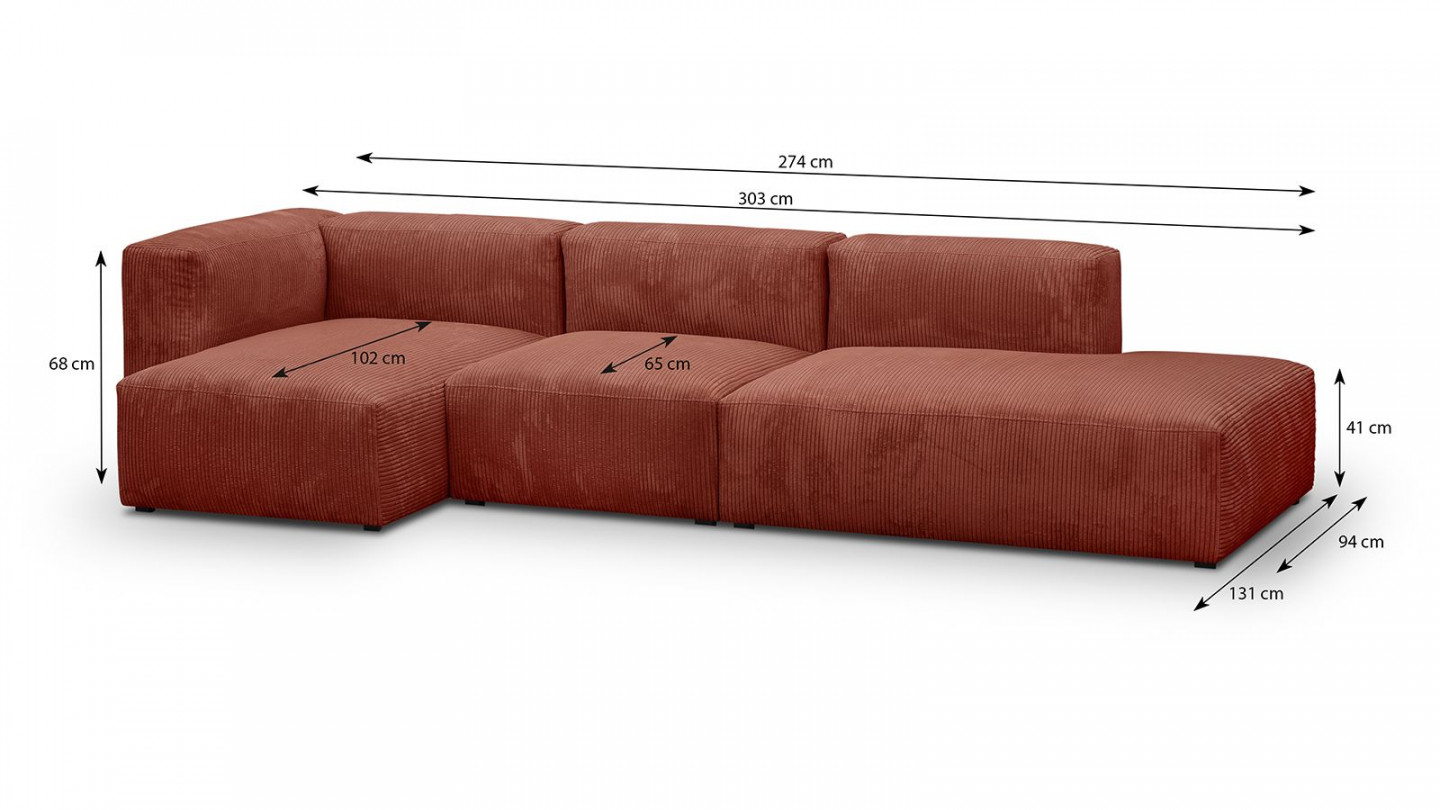 Canapé d'angle à gauche modulable avec méridienne 5 places en velours côtelé rouille - Modulo New