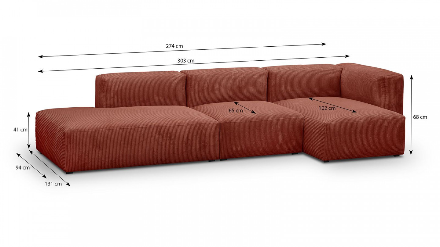 Canapé d'angle à droite modulable avec méridienne 5 places en velours côtelé rouille - Modulo New