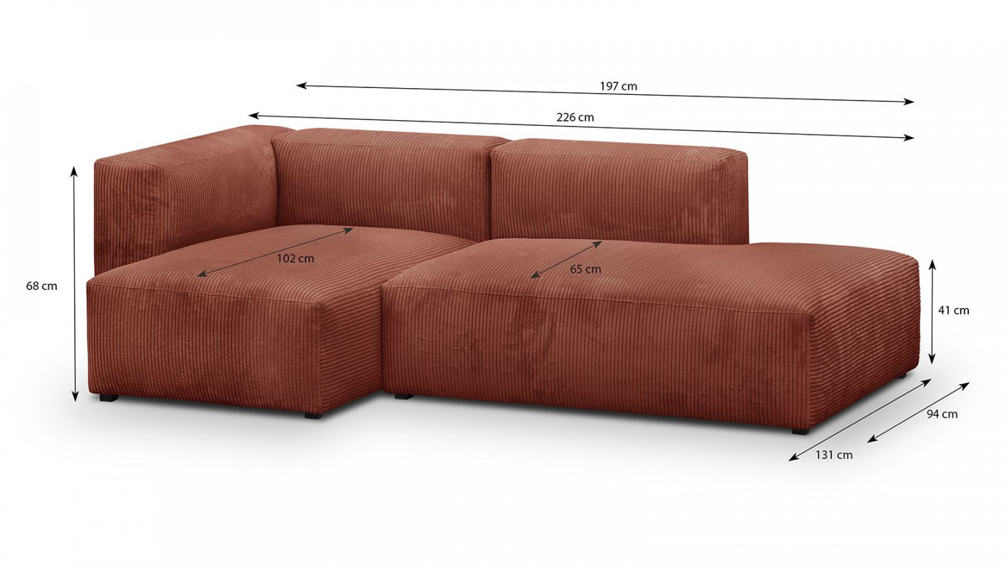 Canapé d'angle à gauche modulable avec méridienne 3/4 places en velours côtelé rouille - Modulo New