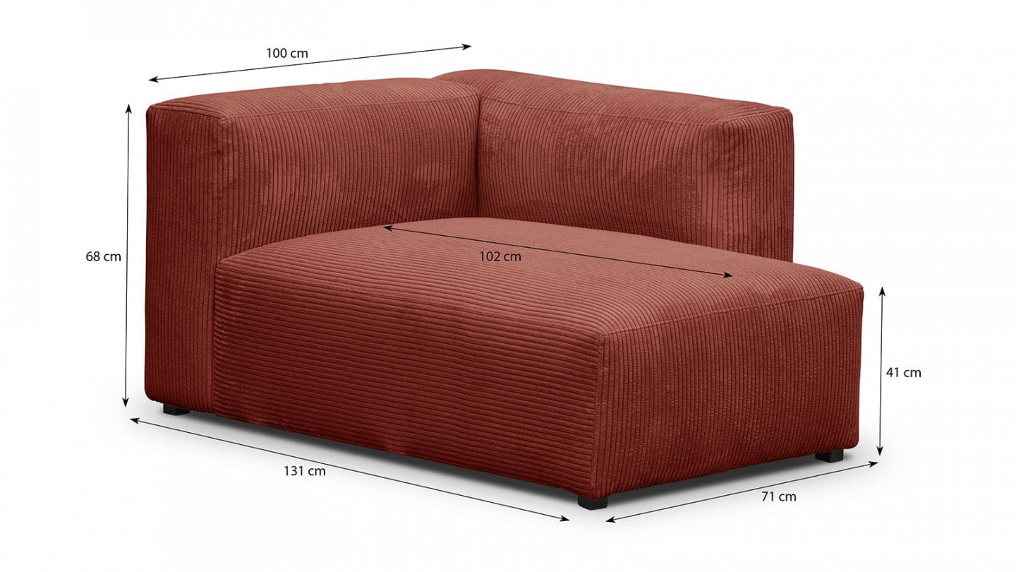 Canapé d'angle à droite modulable avec méridienne 3/4 places en velours côtelé rouille - Modulo New