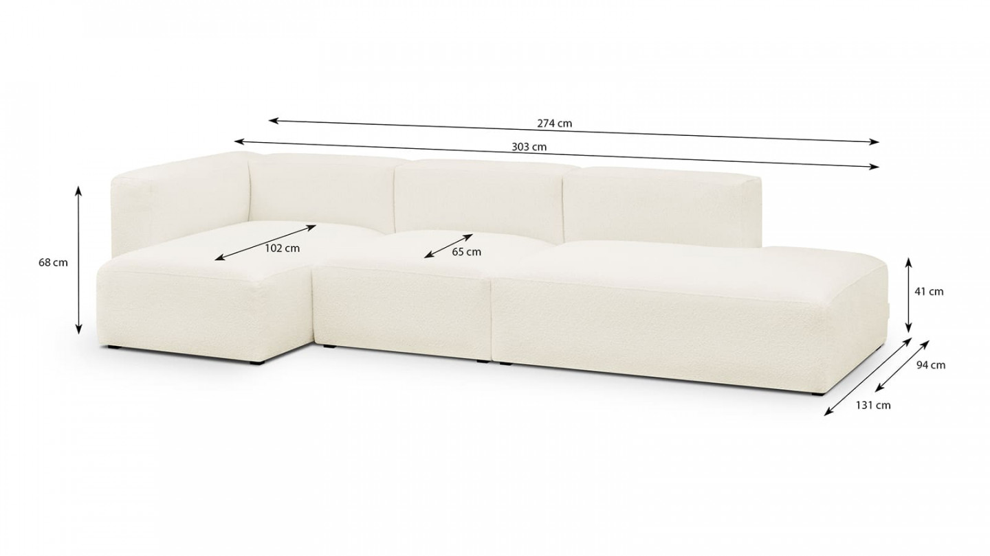 Canapé d'angle à gauche modulable avec méridienne 5 places en tissu bouclette écru - Modulo