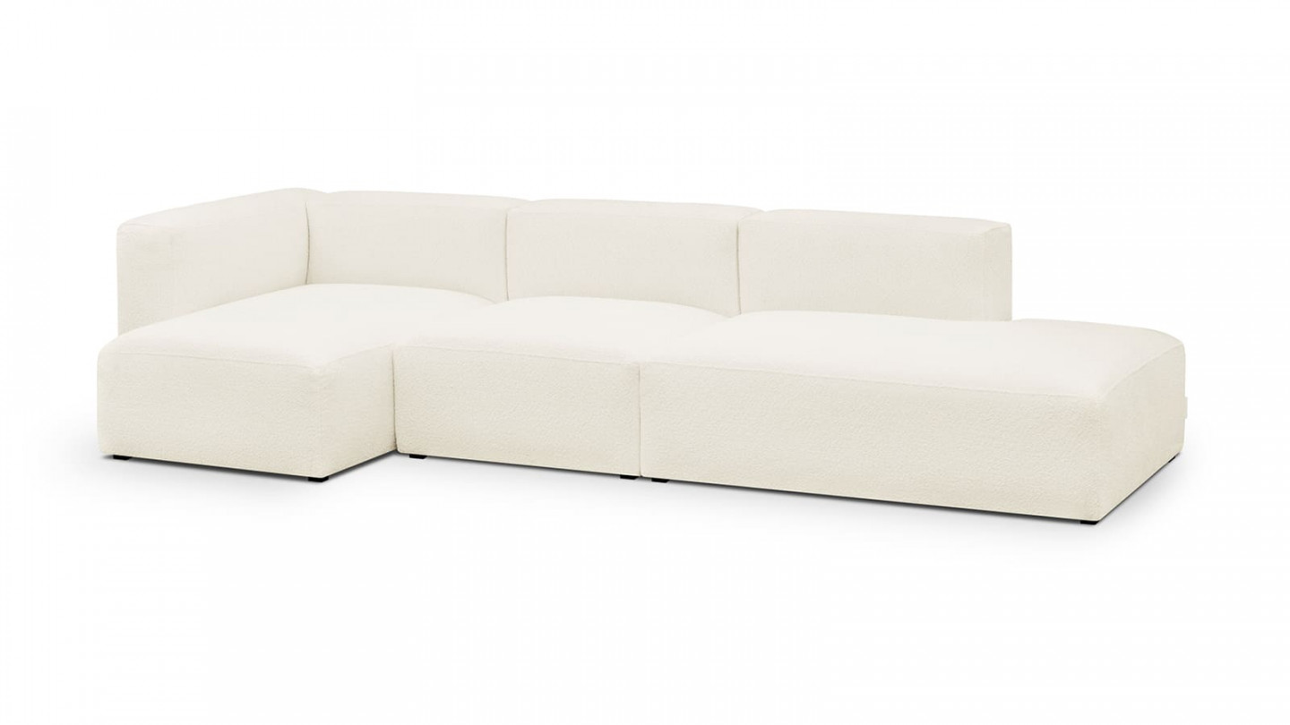 Canapé d'angle à gauche modulable avec méridienne 5 places en tissu bouclette écru - Modulo