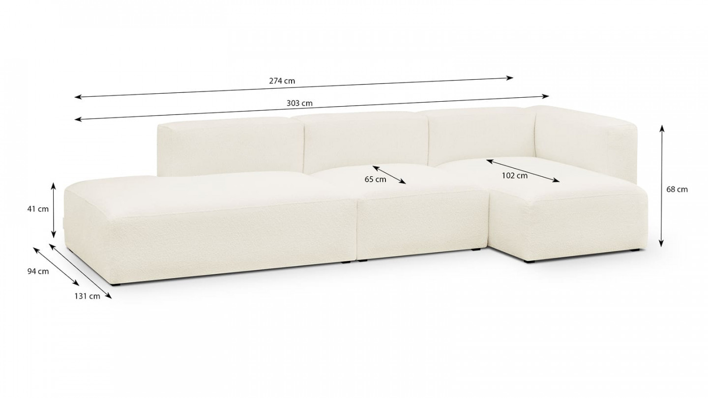 Canapé d'angle à droite modulable avec méridienne 5 places en tissu bouclette écru - Modulo