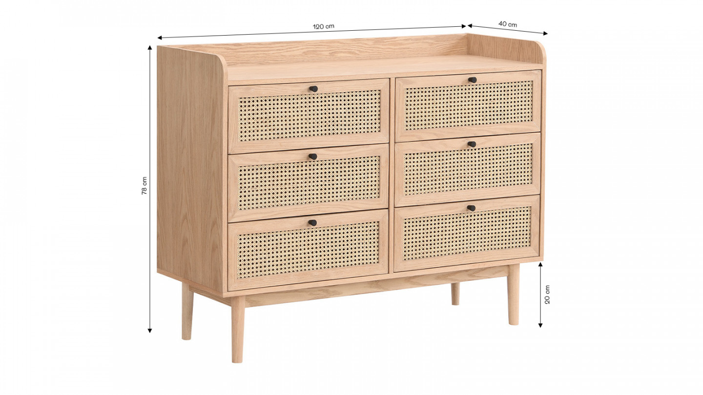 Commode 6 tiroirs en cannage naturel et placage chêne 120 cm - Eden