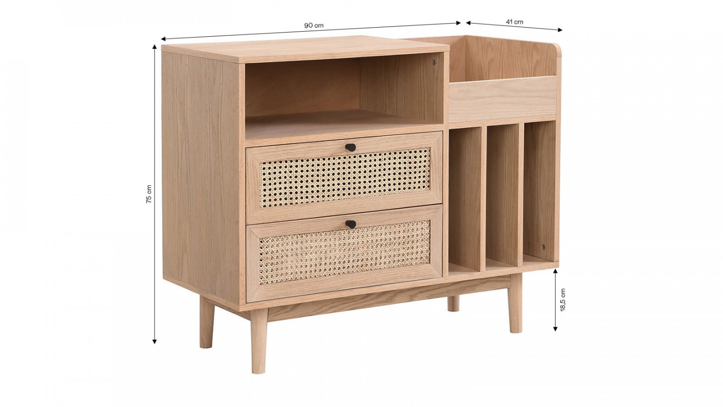 Meuble range vinyles 2 tiroirs en cannage naturel et placage chêne 90 cm - Eden