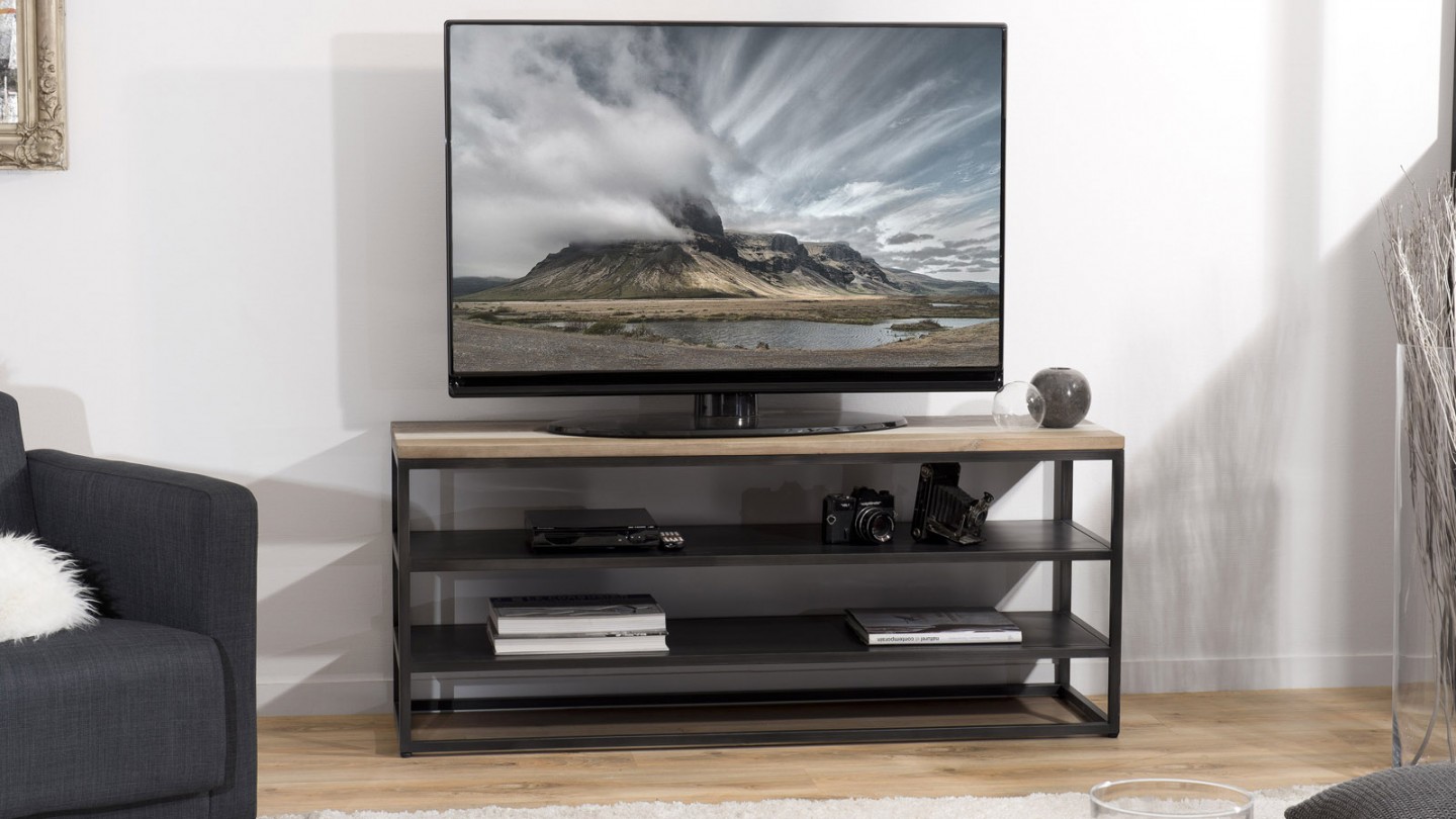 Meuble TV 2 étagères en acacia et métal - Collection Mateo