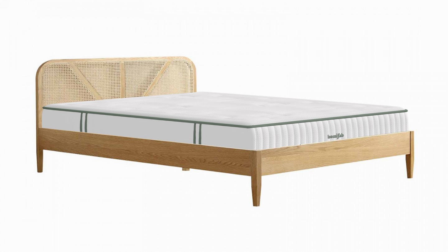 Ensemble lit adulte 160x200 cm placage bois avec tête de lit en cannage Leonie + Matelas Latex naturel Latex Luxury