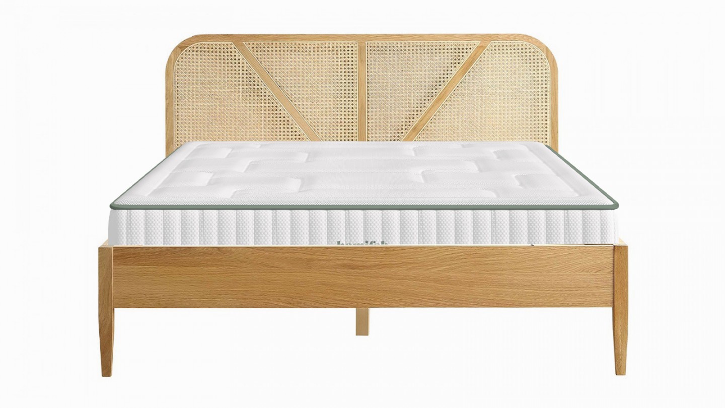 Ensemble lit adulte 160x200 cm placage bois avec tête de lit en cannage Leonie + Matelas Latex naturel Latex Luxury