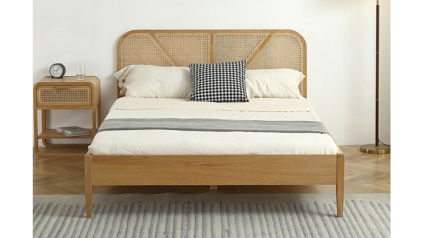 Ensemble lit adulte 140x190 cm placage bois avec tête de lit en cannage Leonie + Matelas mémoire de forme Memo HR