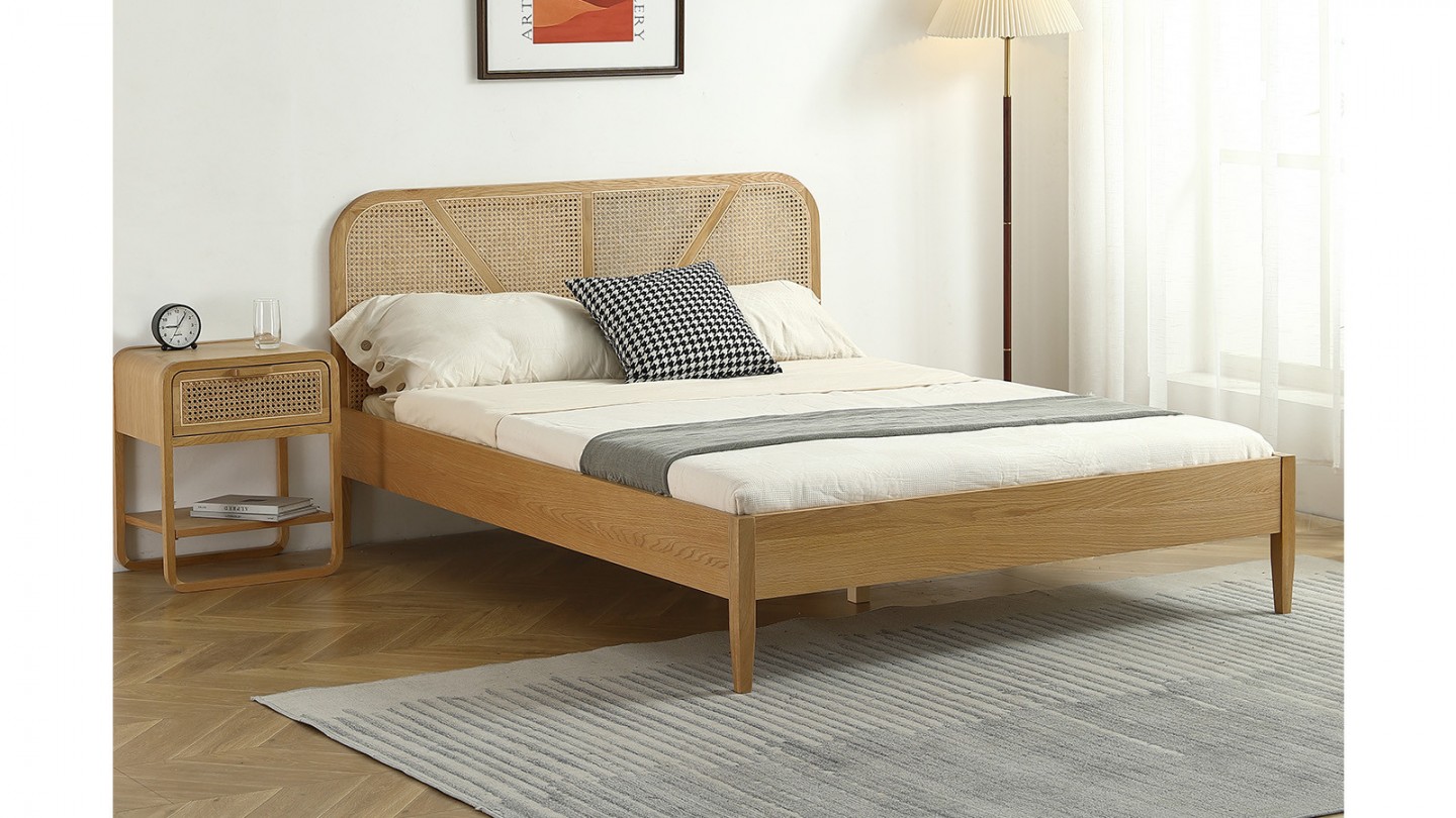Ensemble lit adulte 140x190 cm placage bois avec tête de lit en cannage Leonie + Matelas mémoire de forme Memo HR