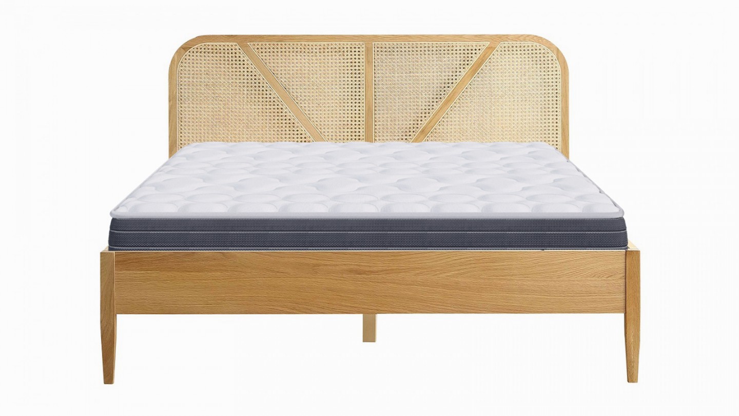Ensemble lit adulte 160x200 cm placage bois avec tête de lit en cannage Leonie + Matelas mémoire de forme Memo HR