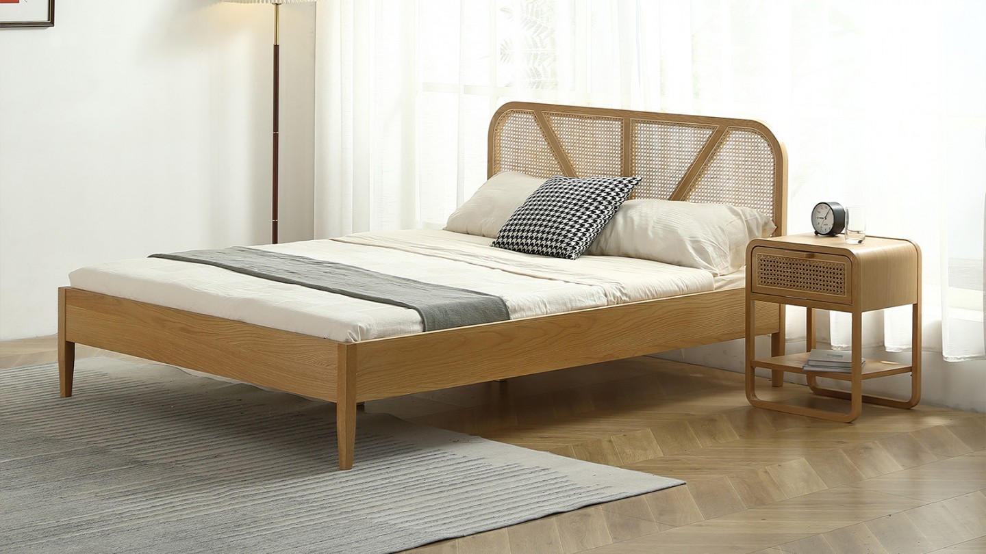 Ensemble lit adulte 180x200 cm placage bois avec tête de lit en cannage Leonie + Matelas mémoire de forme Memo HR