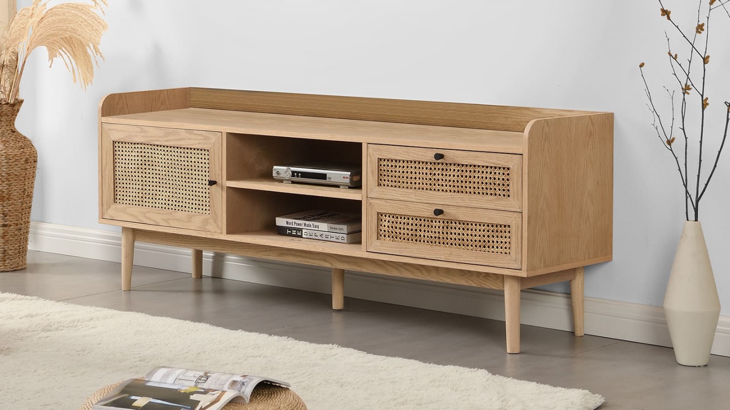 Meuble TV scandinave chêne et cannage, 1 porte, 1 tiroir