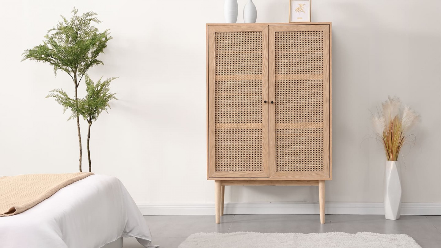 Armoire en cannage naturel et placage chêne 100 cm - Eden