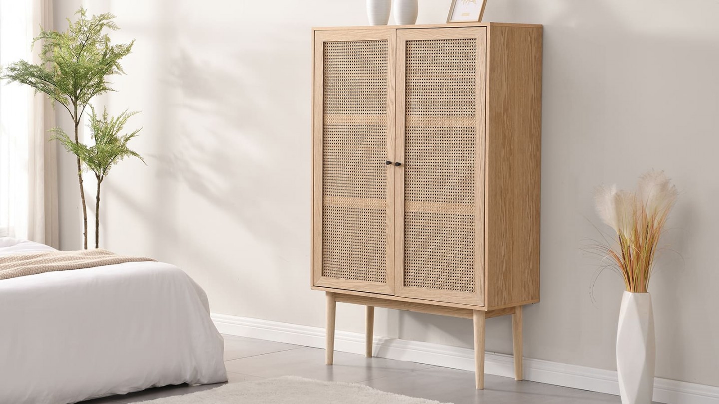 Armoire en cannage naturel et placage chêne 100 cm - Eden