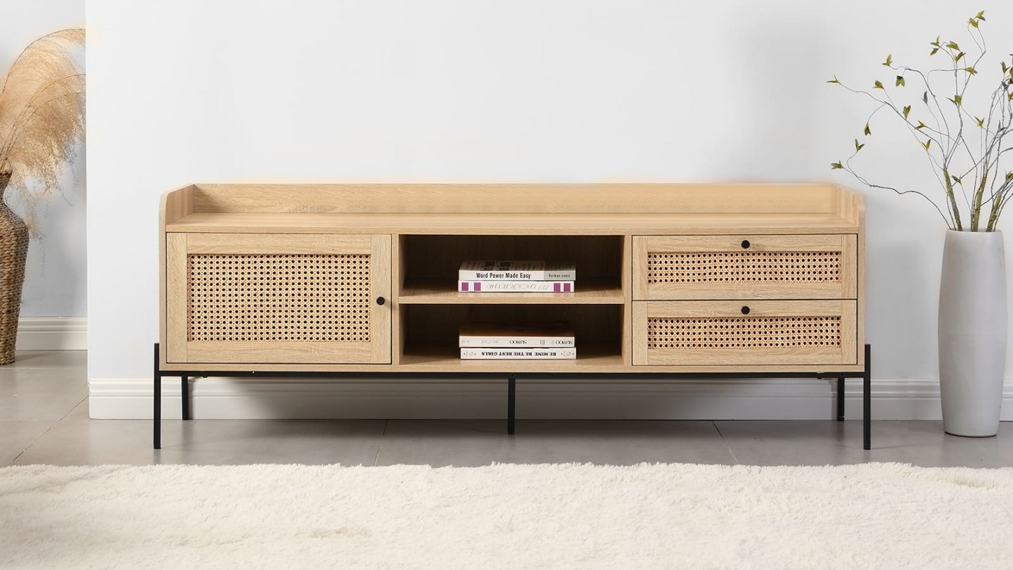 Meuble TV 1 porte 2 tiroirs en cannage naturel et effet chêne 160 cm - Iris