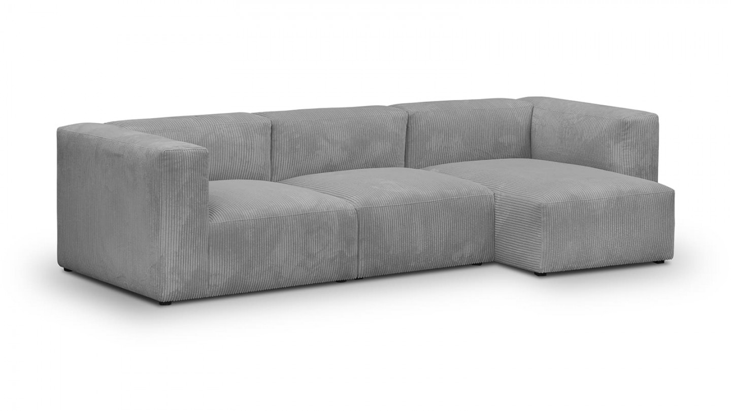 Canapé d'angle à droite modulable avec méridienne 4 places en velours côtelé gris clair - Modulo