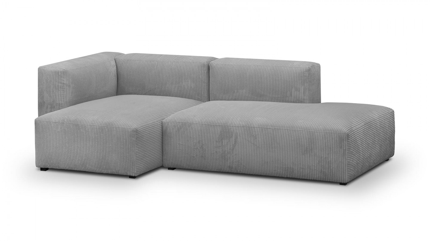 Canapé d'angle à gauche modulable avec méridienne 3/4 places en velours côtelé gris clair - Modulo