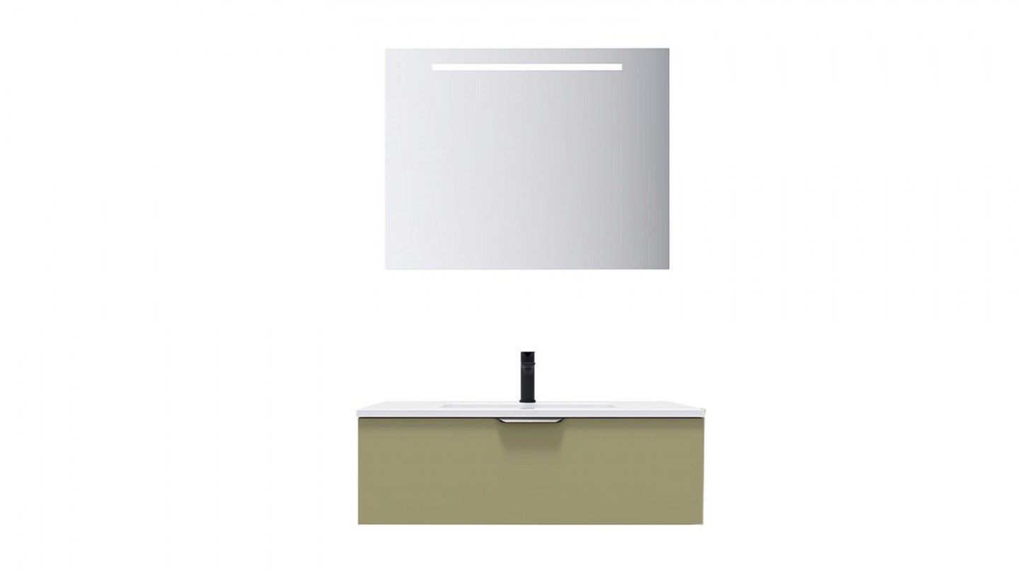Meuble de salle de bains 90 cm Olive - 1 tiroir - simple vasque + miroir - Loft