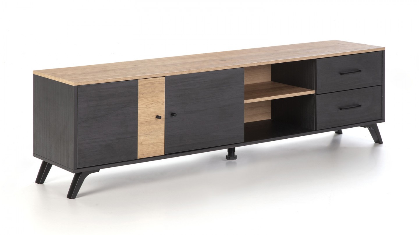 Meuble TV 2 portes 2 tiroirs effet bois noir et bois naturel 180 cm - Zack