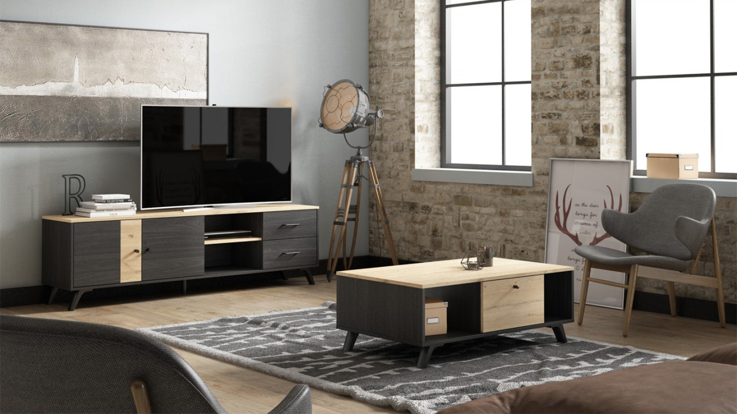 Meuble TV 2 portes 2 tiroirs effet bois noir et bois naturel 180 cm - Zack