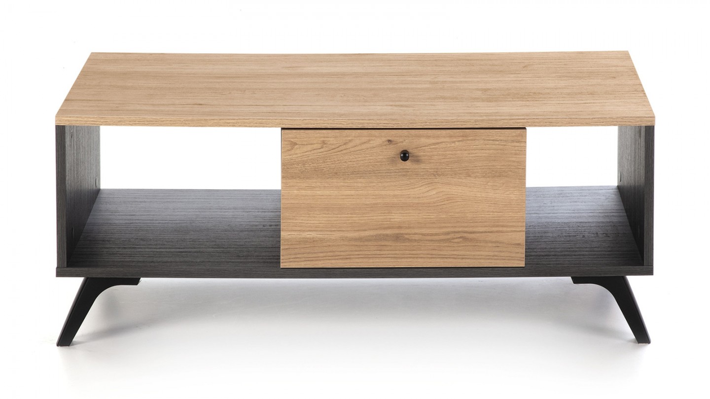 Table basse 1 tiroir effet bois noir et bois naturel 100 cm - Zack