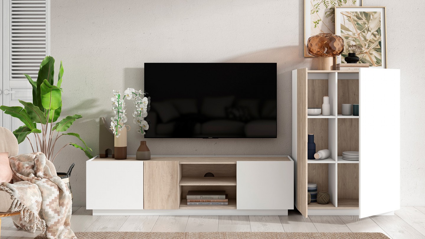 Meuble TV 3 portes blanc et effet bois 180 cm - Josie
