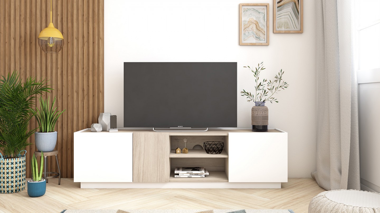 Meuble TV 3 portes blanc et effet bois 180 cm - Josie