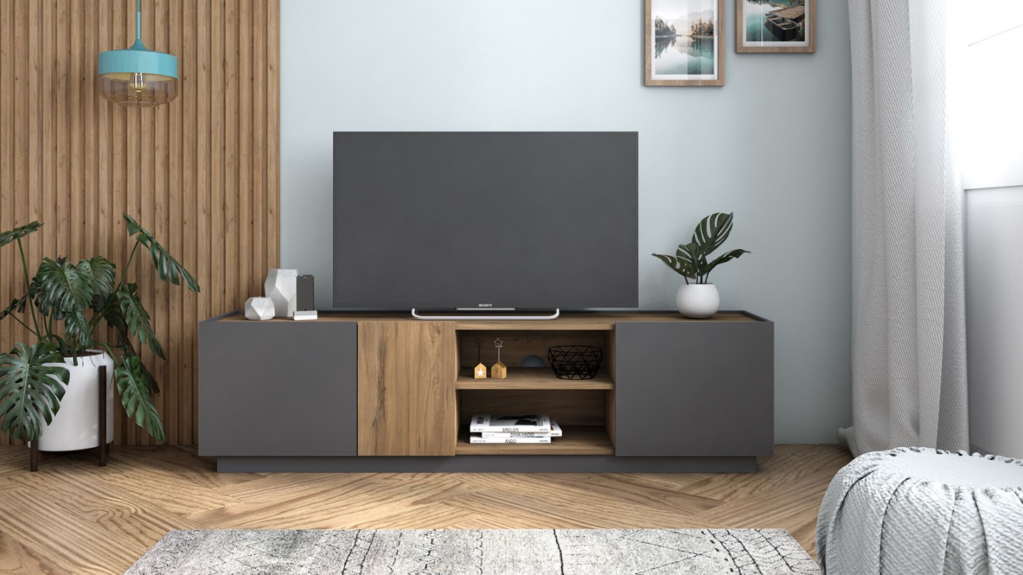 Meuble TV 3 portes gris anthracite et effet bois 180 cm - Josie