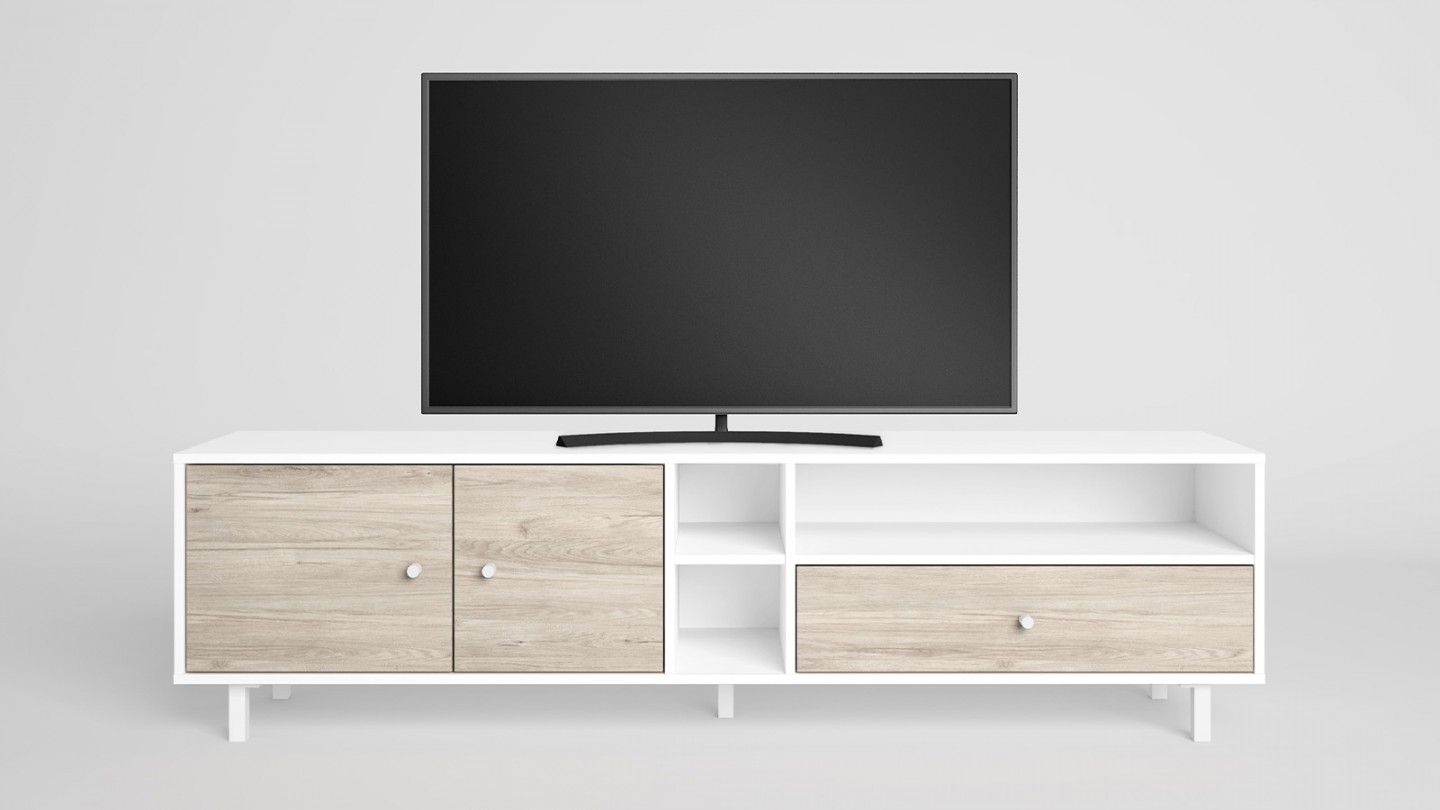 Meuble TV 2 portes 1 tiroir effet bois et blanc 180 cm - Megan