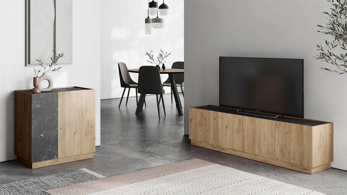 Meuble TV 4 portes effet bois et marbre noir 160 cm - Dilan