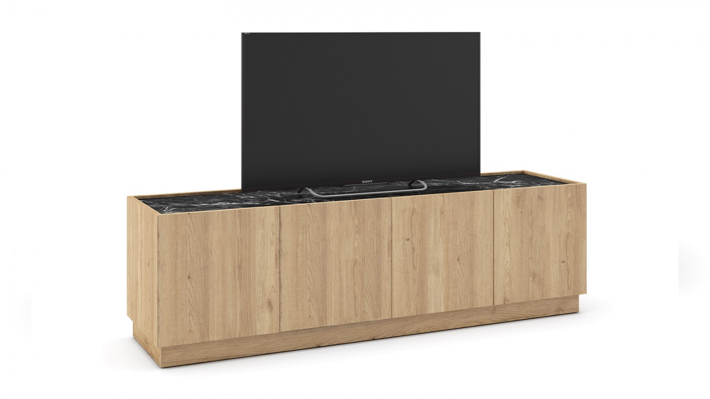 Meuble TV 4 portes effet bois et marbre noir 160 cm - Dilan