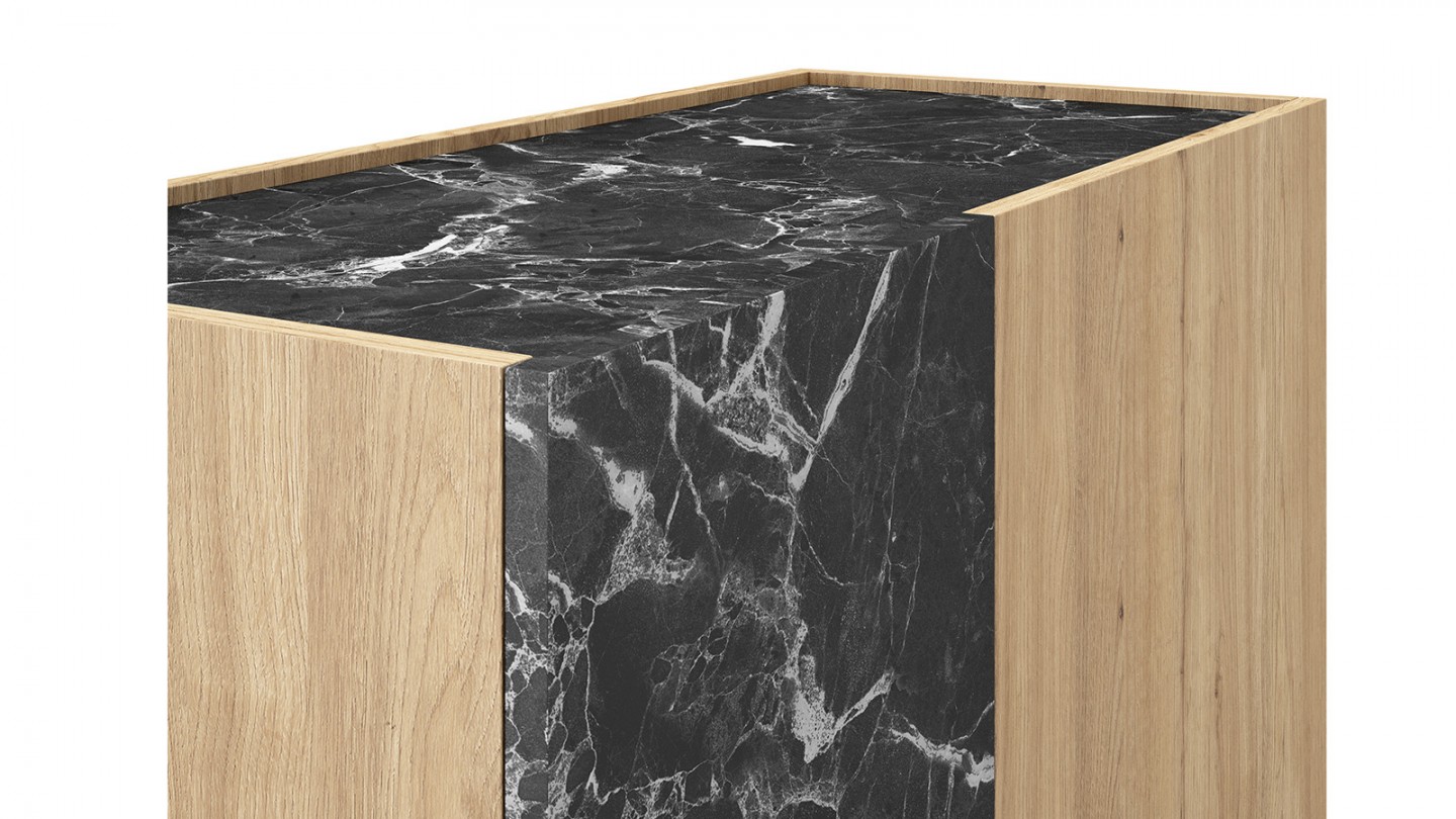 Buffet haut 2 portes effet bois et marbre noir 90 cm - Dilan
