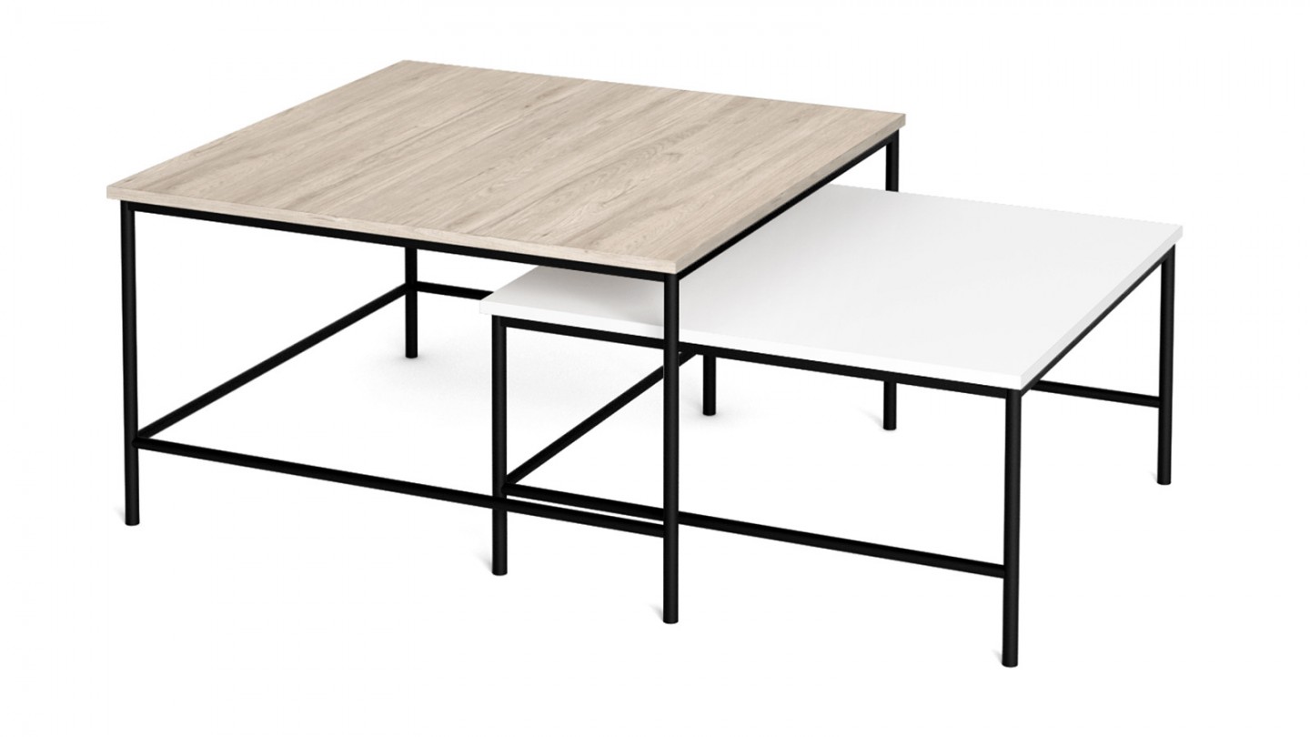 Set de 2 tables basses gigognes carrées effet bois et blanc - Donna