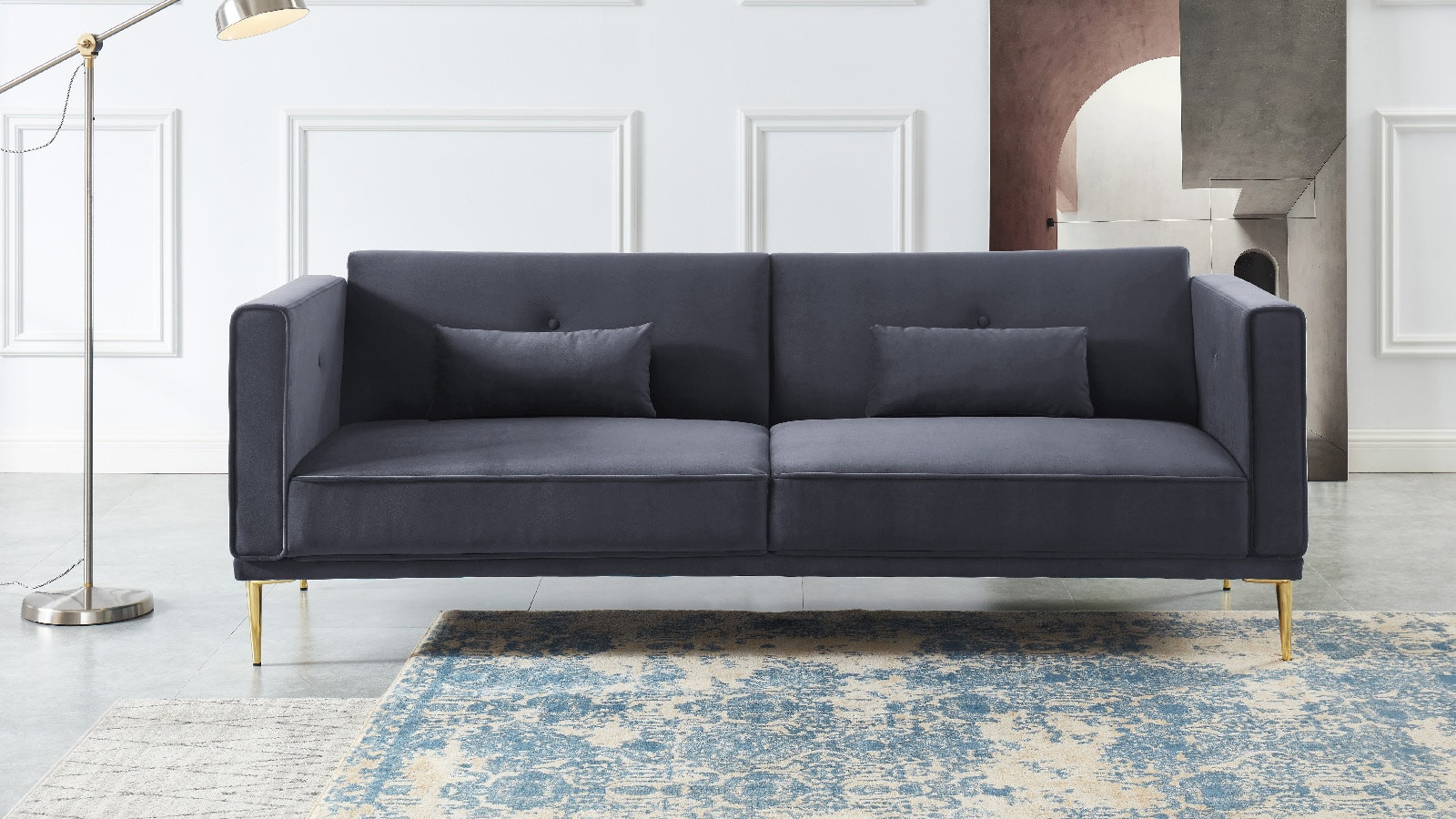 anapé droit convertible 3 places en velours gris - couchage 110x190 cm - Collection Flore