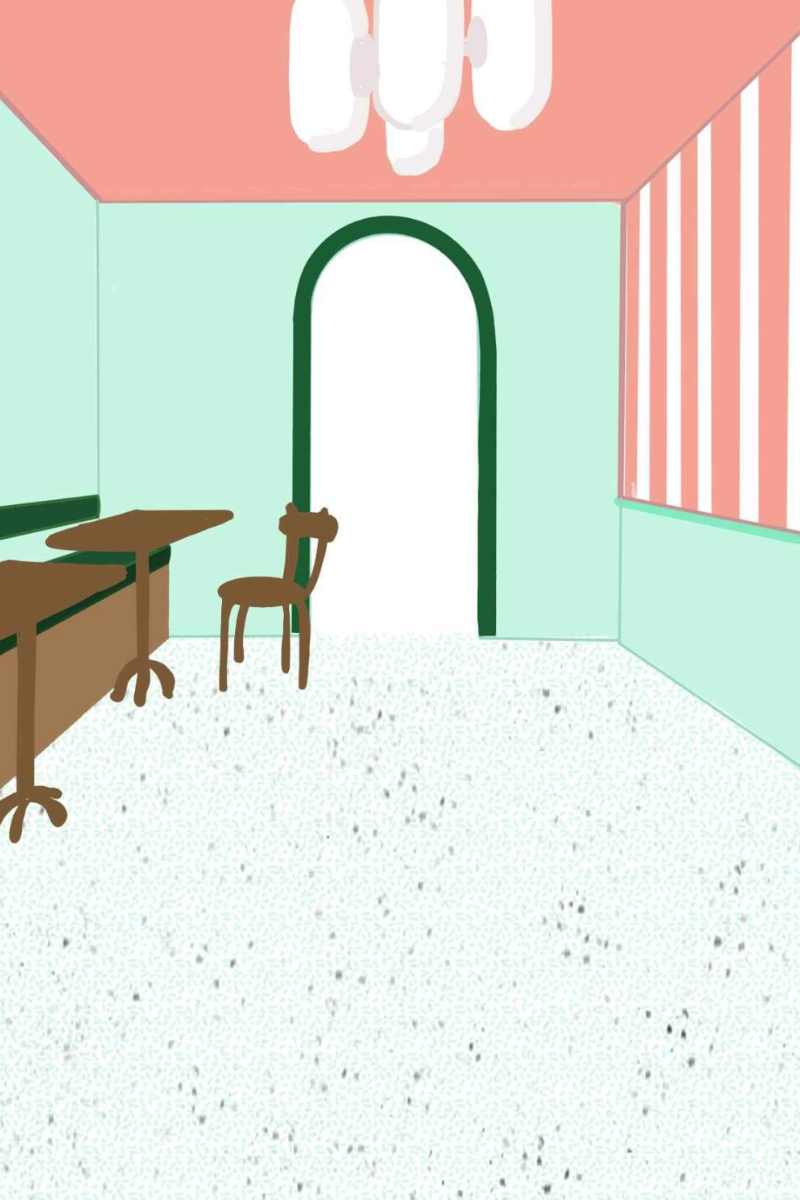 Bar bleu Klein au centre du restaurant Pinpon