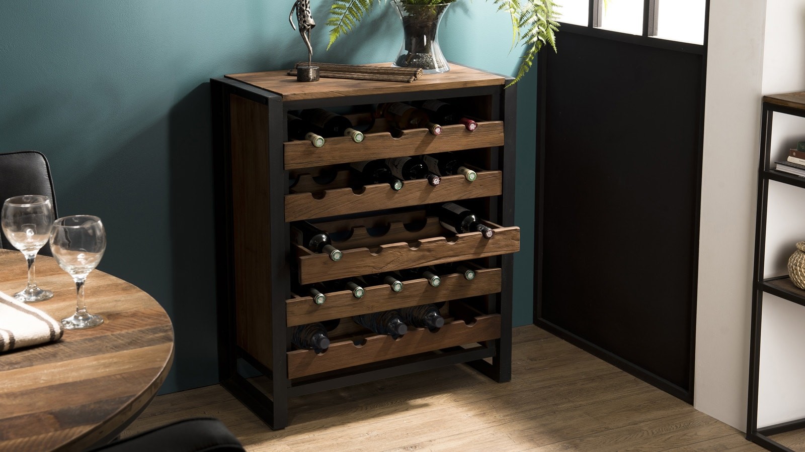 Meuble de rangement à vin 5 niveaux 25 bouteilles en teck recyclé et métal Collection Athena