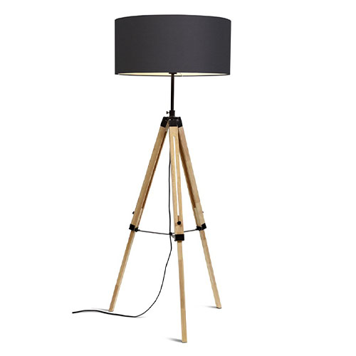 Lampadaire trépied en bois et métal noir abat jour en coton gris foncé - Darwin
